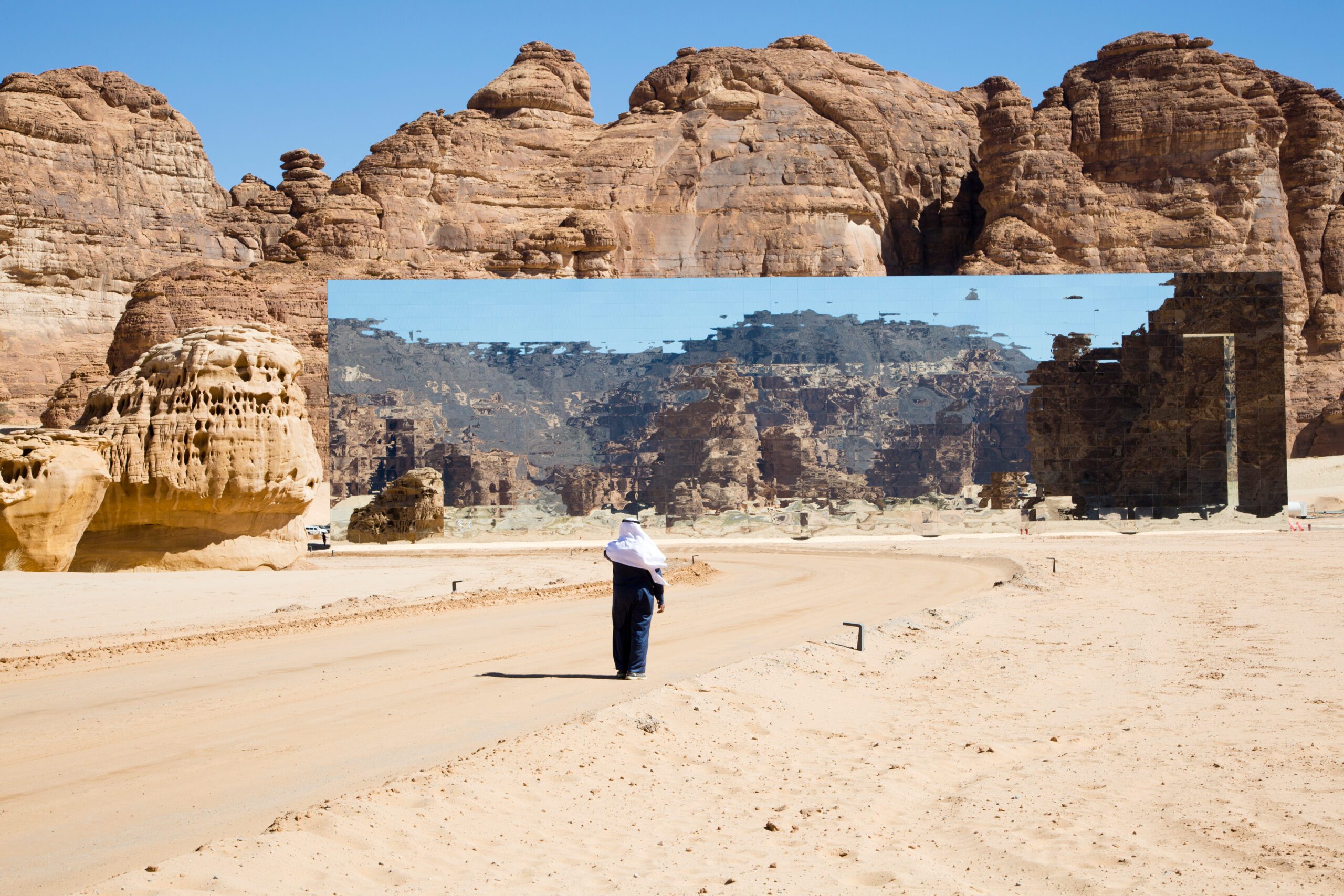 The mirrored building in Madain Saleh at the Alula giga-project in Saudi Arabia